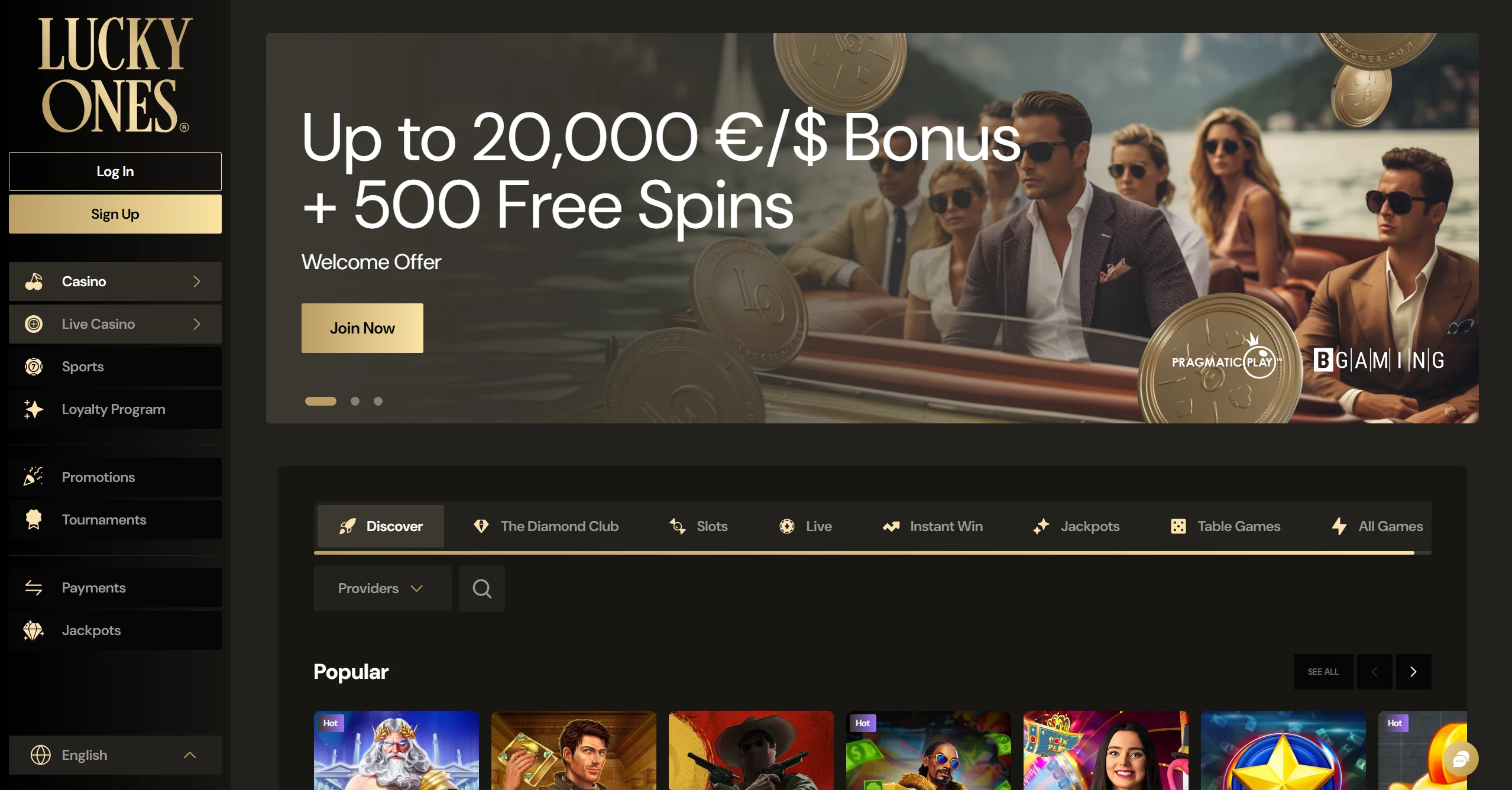 LuckyOnes frontpage offering a $20,000 welcome bonus